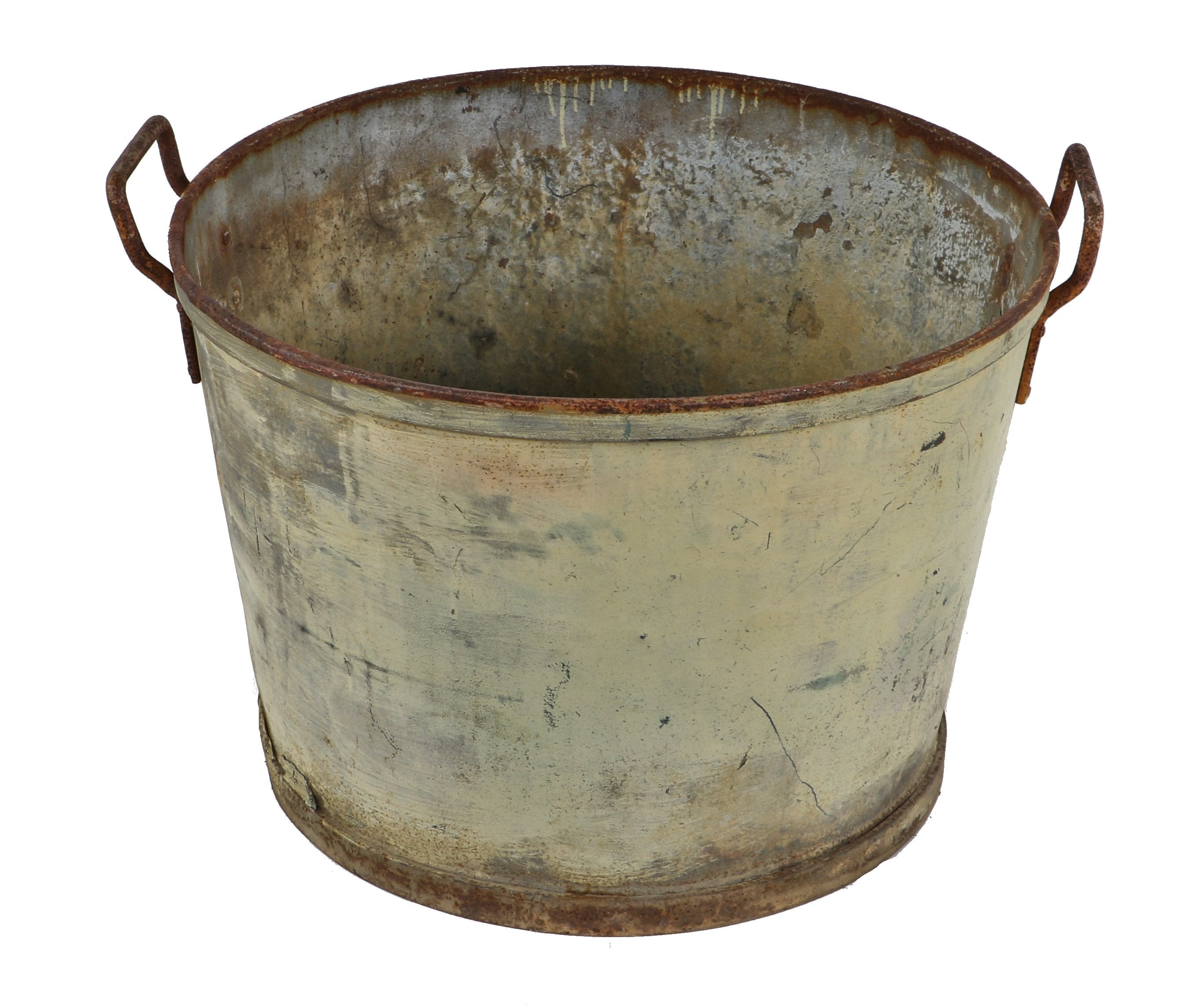nicely worn and weathered oversized c. 1930's american industrial heavy gauge steel factory wash bin with riveted joint opposed handles and drainage hole