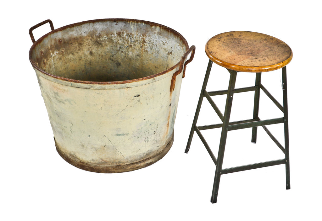 nicely worn and weathered oversized c. 1930's american industrial heavy gauge steel factory wash bin with riveted joint opposed handles and drainage hole