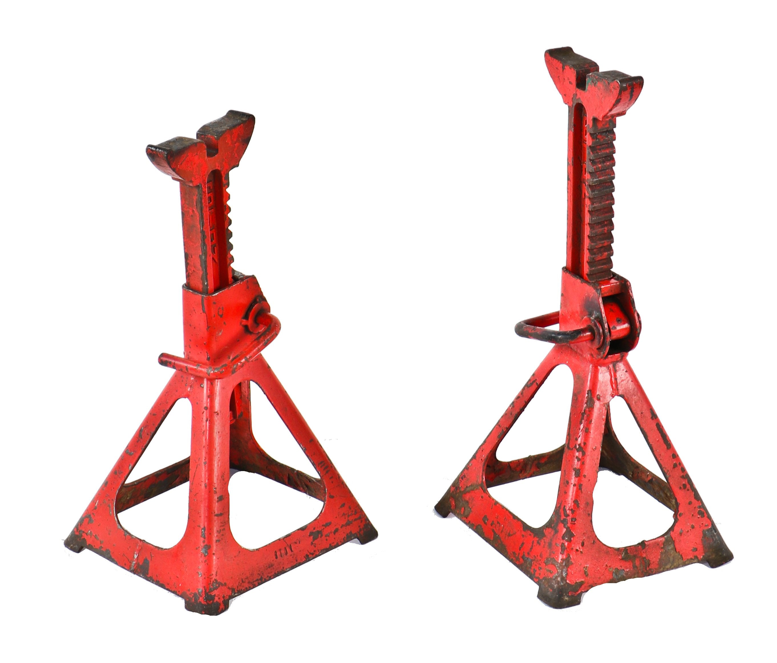 two matching brightly colored vintage american industrial cherry red painted cast iron and steel fully adjustable automotive jack stands with self-locking ratchet handles