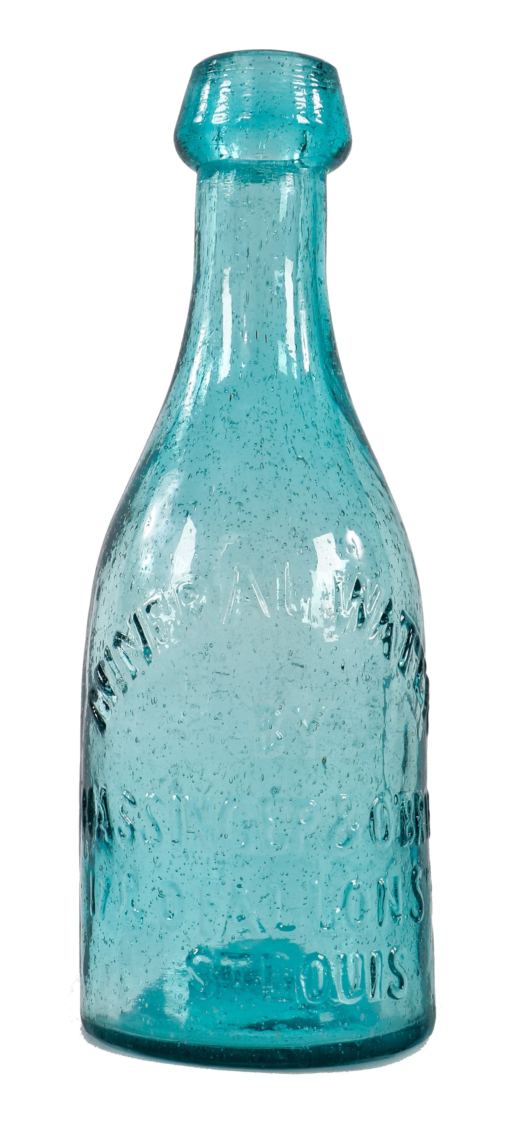 crude mid-19th century vibrantly colored aqua blue soda bottle with applied rounded collar manufactured for hassinger & o'brien in st. louis, mo.