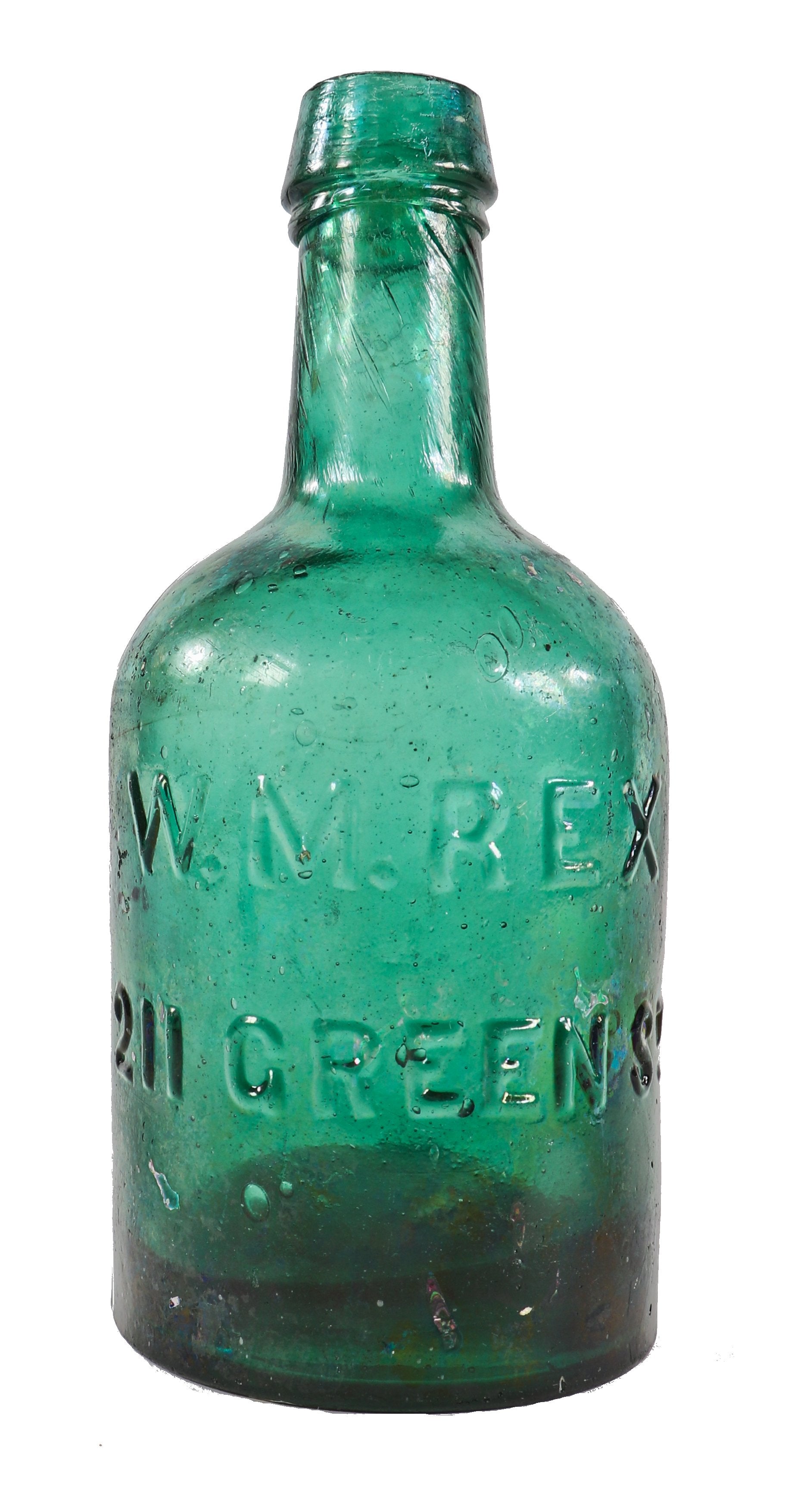 original privy dug emerald green c. 1850's american iron pontiled porter style william m. rex soda or ale bottle with applied tapered lip with single ring
