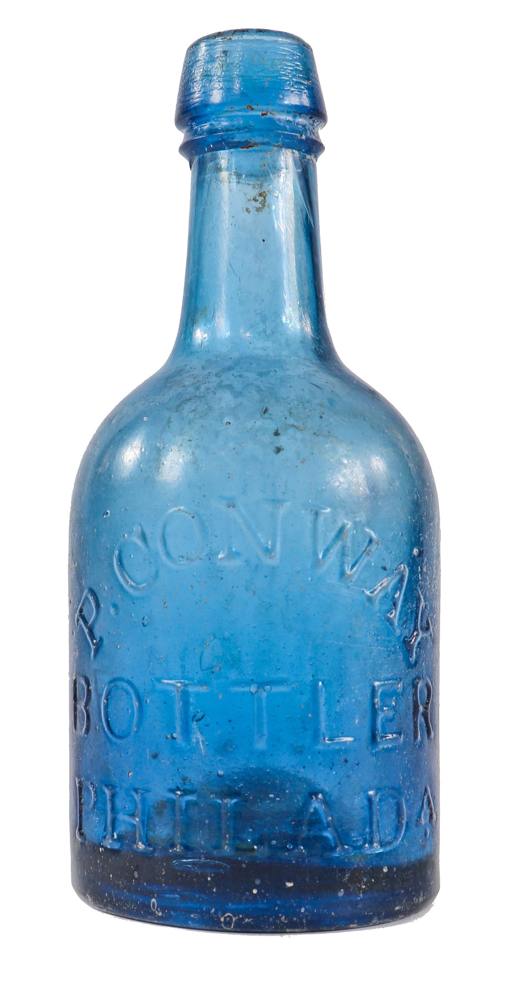 hard to find all original c. 1850's antique american porter style patrick conway "bottler" cobalt blue iron pontiled glass soda or ale bottle with tapered ring top