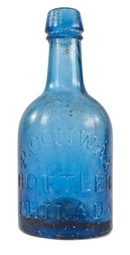 hard to find all original c. 1850's antique american porter style patrick conway "bottler" cobalt blue iron pontiled glass soda or ale bottle with tapered ring top