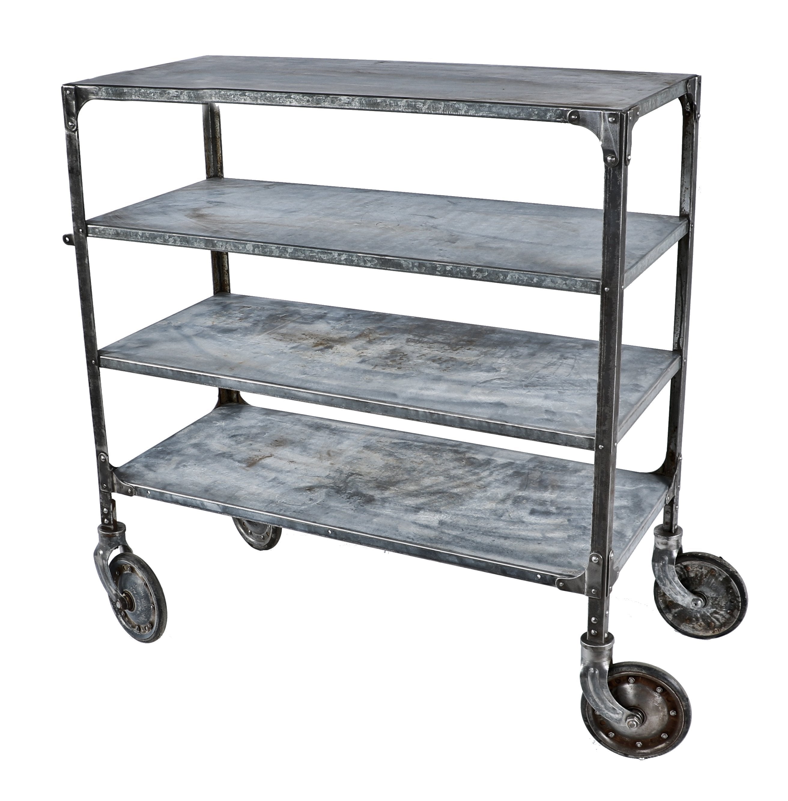 heavily reinforced c. 1940's vintage american medical mobile hospital multi-tier cart with riveted joint corner guards and highly desirable oversized swivel casters