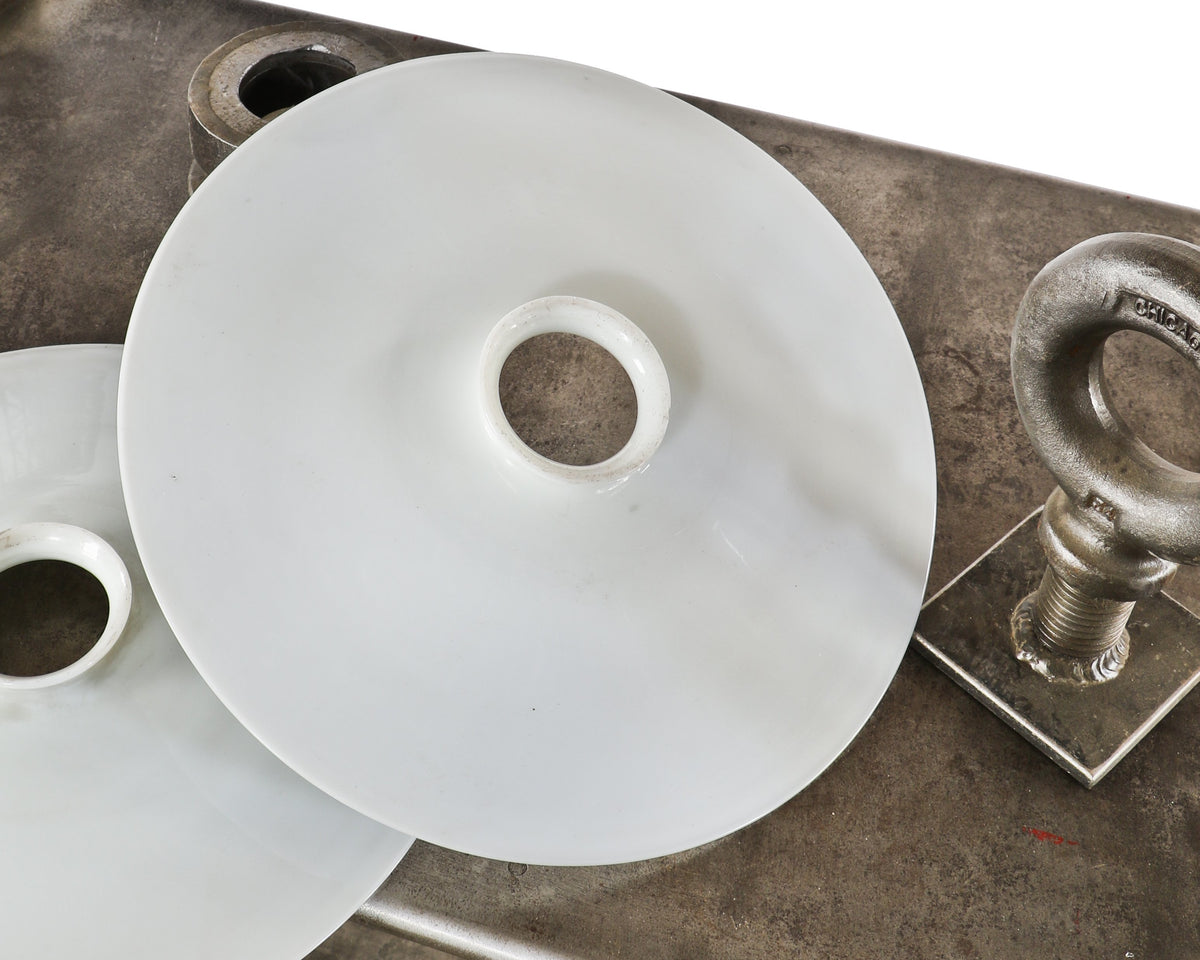 hard to find and highly sought after oversized american industrial c. 1900's interior white opalescent glass flat factory office pendant light reflector or shade