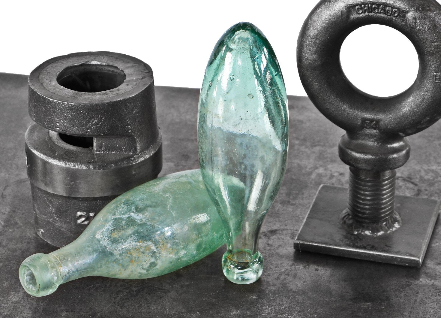 two closely matching original late 19th century antique american privy dug chicago "torpedo" unembossed aqua green colored glass soda bottles