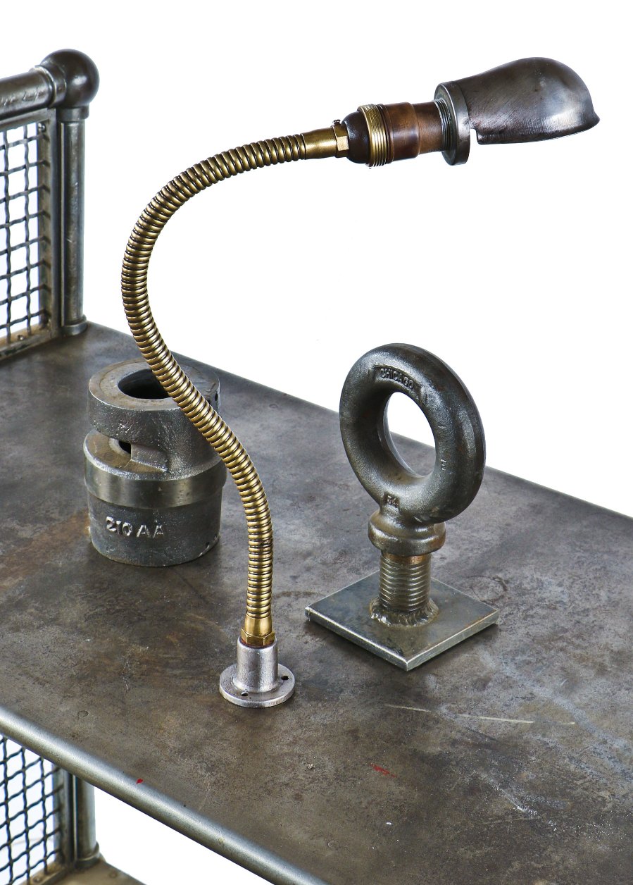 original c. 1938-40 single arm reinforced american industrial brass coiled wall or workbench factory machine shop task lamp with stamped steel shade