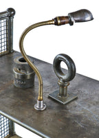 original c. 1938-40 single arm reinforced american industrial brass coiled wall or workbench factory machine shop task lamp with stamped steel shade
