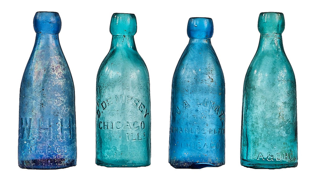 original and intact 19th century chicago privy dug uncleaned cobalt blue william h. hutchinson soda water bottle with a large embossed "h" on the base