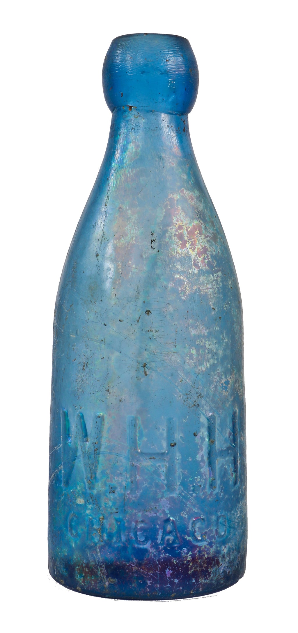 original and intact 19th century chicago privy dug uncleaned cobalt blue william h. hutchinson soda water bottle with a large embossed "h" on the base