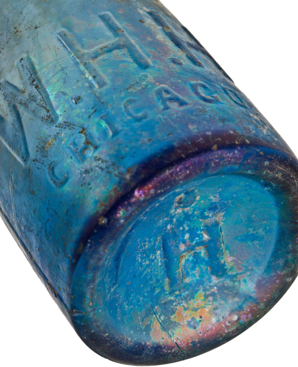 original and intact 19th century chicago privy dug uncleaned cobalt blue william h. hutchinson soda water bottle with a large embossed "h" on the base