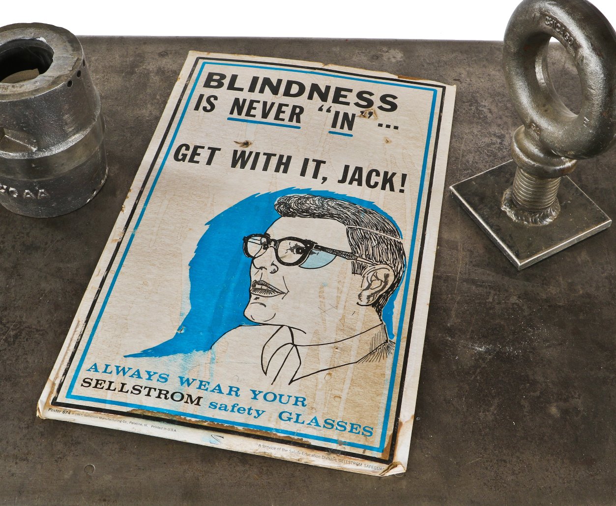 unique c. 1960's original vintage american industrial wall-mount "blindness is never in" factory machine shop safety poster with worker wearing safety glasses