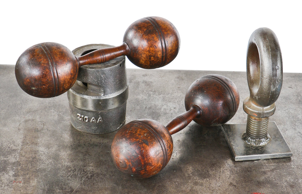 two matching original solid maple wood chicago athletic association building gymnasium exercise turned and tapered wood barbells with exceptional patina