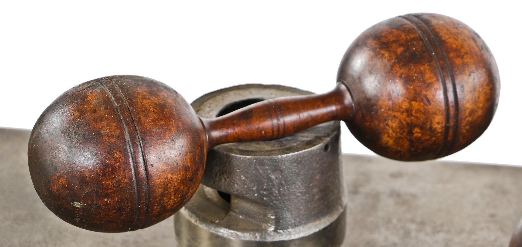 two matching original solid maple wood chicago athletic association building gymnasium exercise turned and tapered wood barbells with exceptional patina