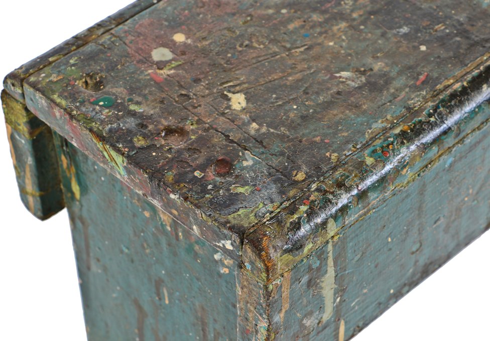 original early 20th century american industrial petite weathered and worn crazed paint pine wood diminutive portable step stool comprised of pine wood