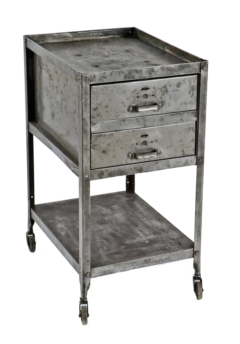two-drawer late 1940's american industrial refinished rolling factory machine shop tool cabinet with bassick swivel casters and lockable hasps
