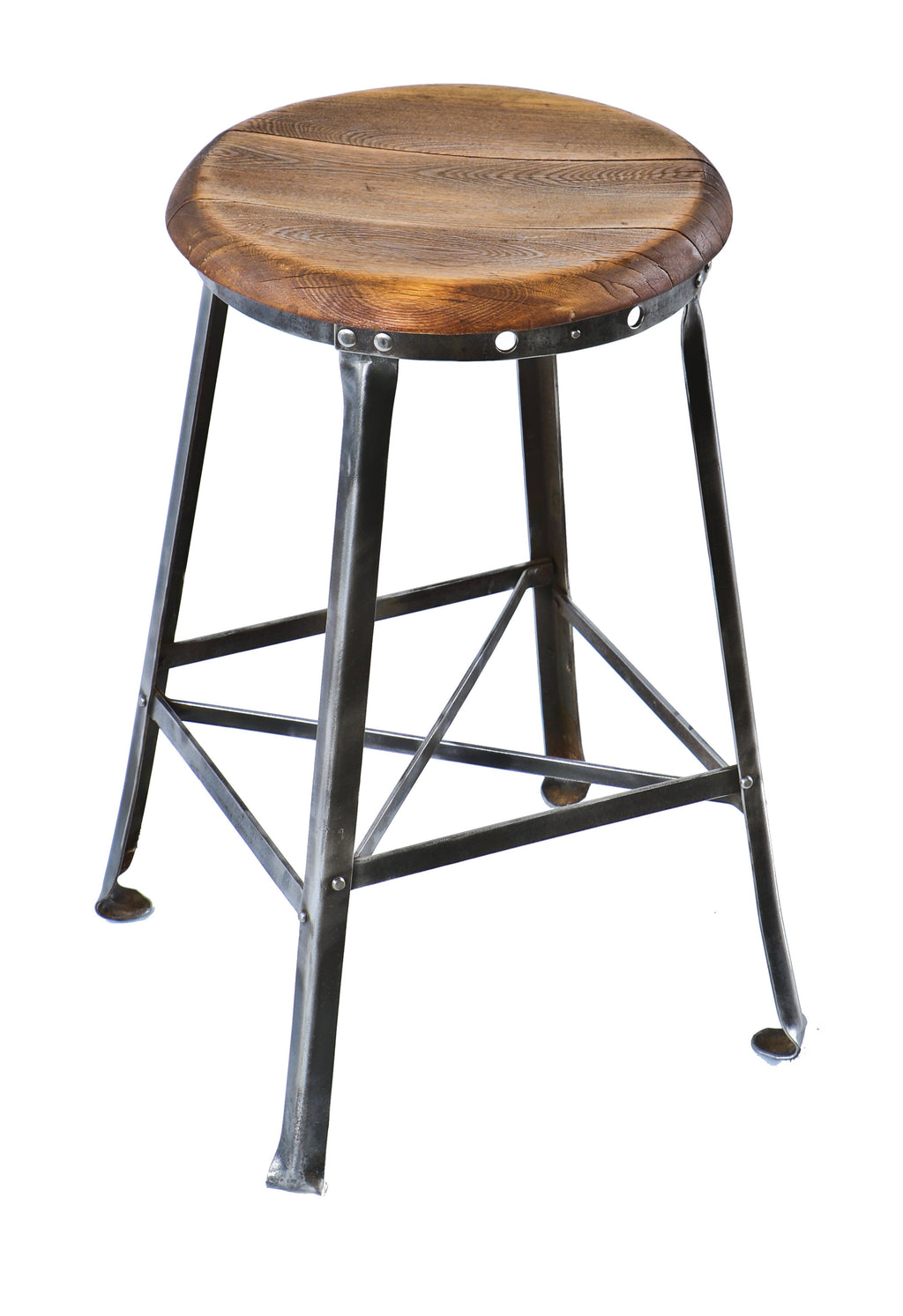original late 1920's antique american industrial four-legged angled steel factory machinist stool with original solid birch wood circular-shaped seat