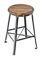 original late 1920's antique american industrial four-legged angled steel factory machinist stool with original solid birch wood circular-shaped seat
