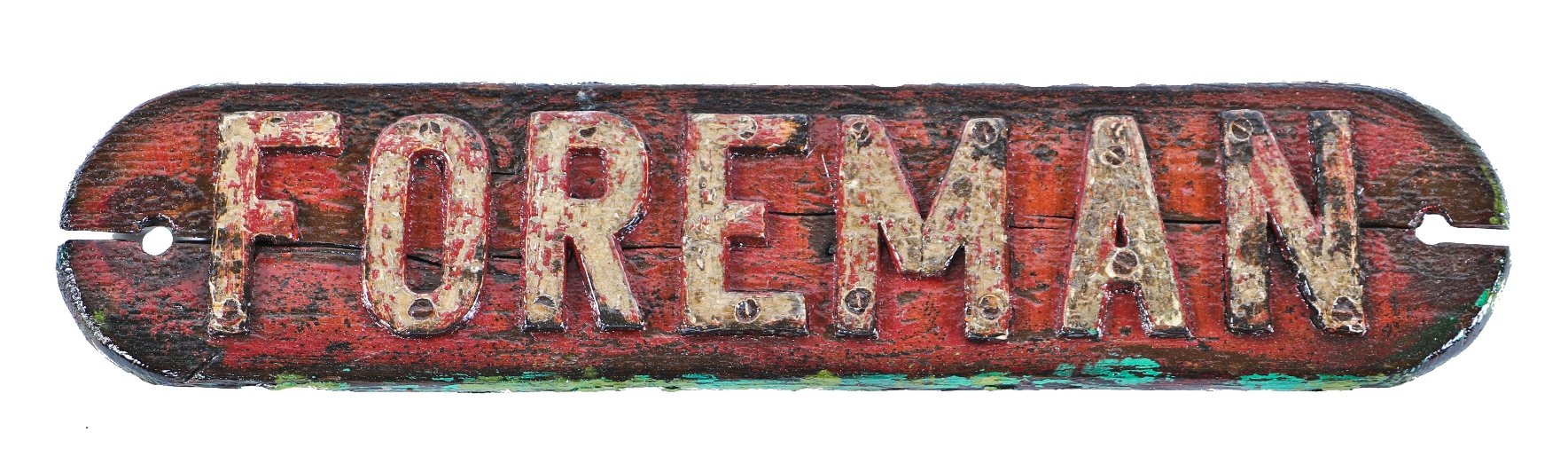 single-sided exceptionally rare 19th century elongated oval-shaped cast iron and pine wood world's columbian exposition ferris wheel mobile construction office "foreman" sign