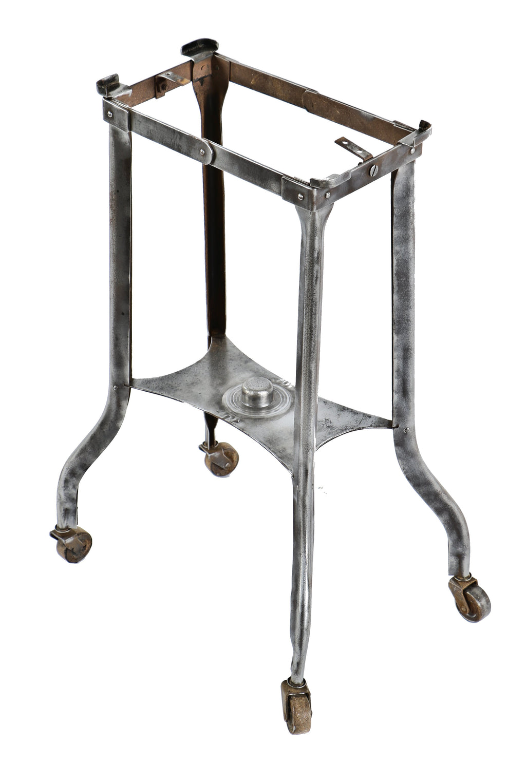 original c. 1915-20 "uhl art steel" factory office cold-rolled steel dictaphone mobile four-legged base with undershelf and patented swivel casters