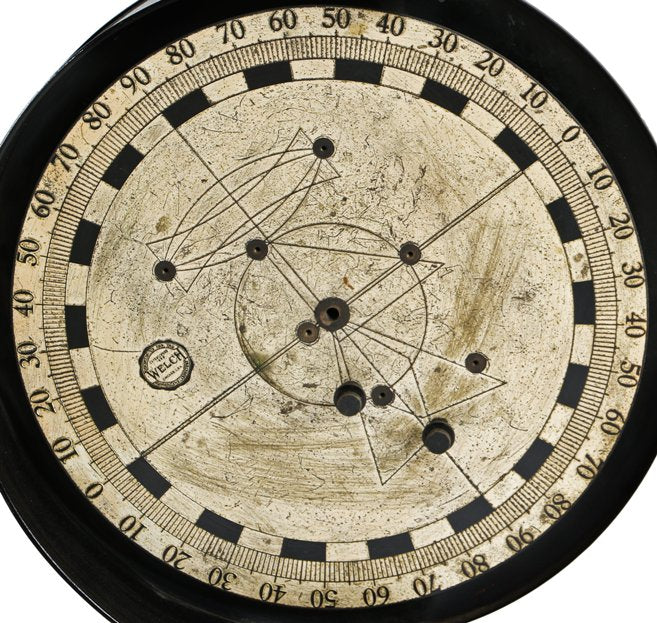 unusual early 20th century antique american industrial laboratory "welch" freestanding bench top three-legged measuring instrument with enameled and incised circular scale