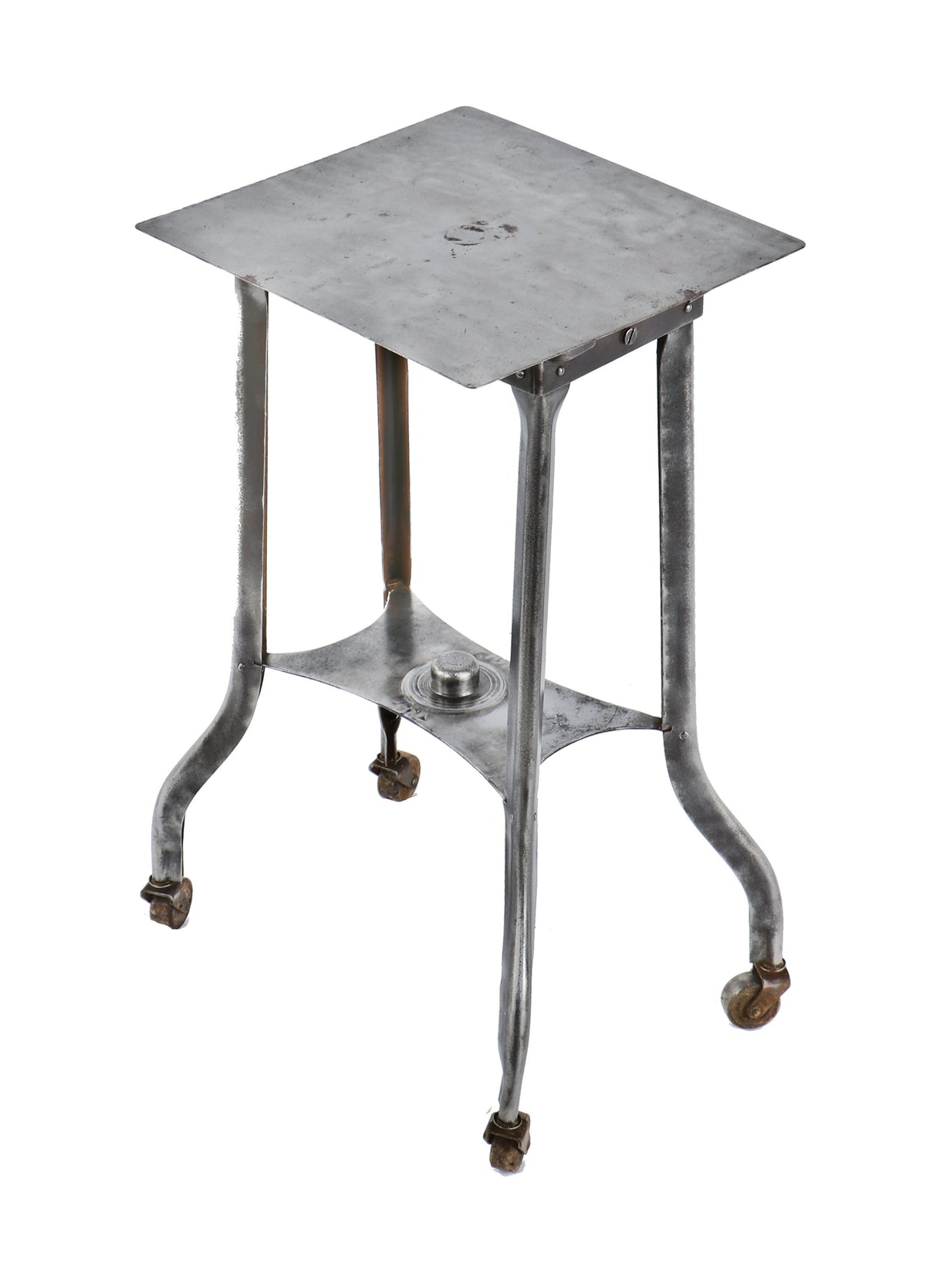 original c. 1915-20 "uhl art steel" factory office cold-rolled steel dictaphone mobile four-legged base with undershelf and patented swivel casters