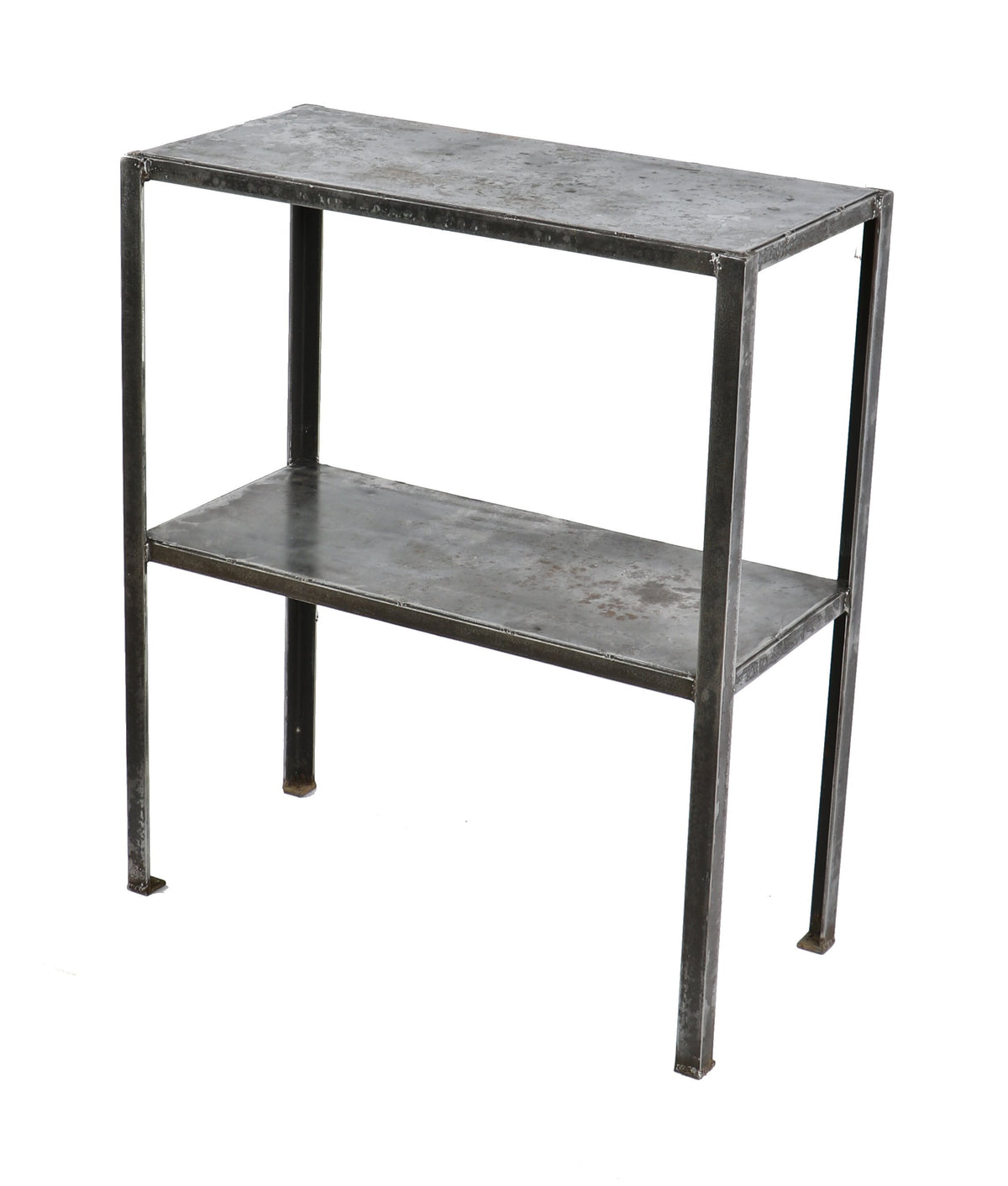 robust custom-built c. 1940's all-welded joint four-legged two tier factory machine shop side table or work stand with a mostly uniform brushed metal finish