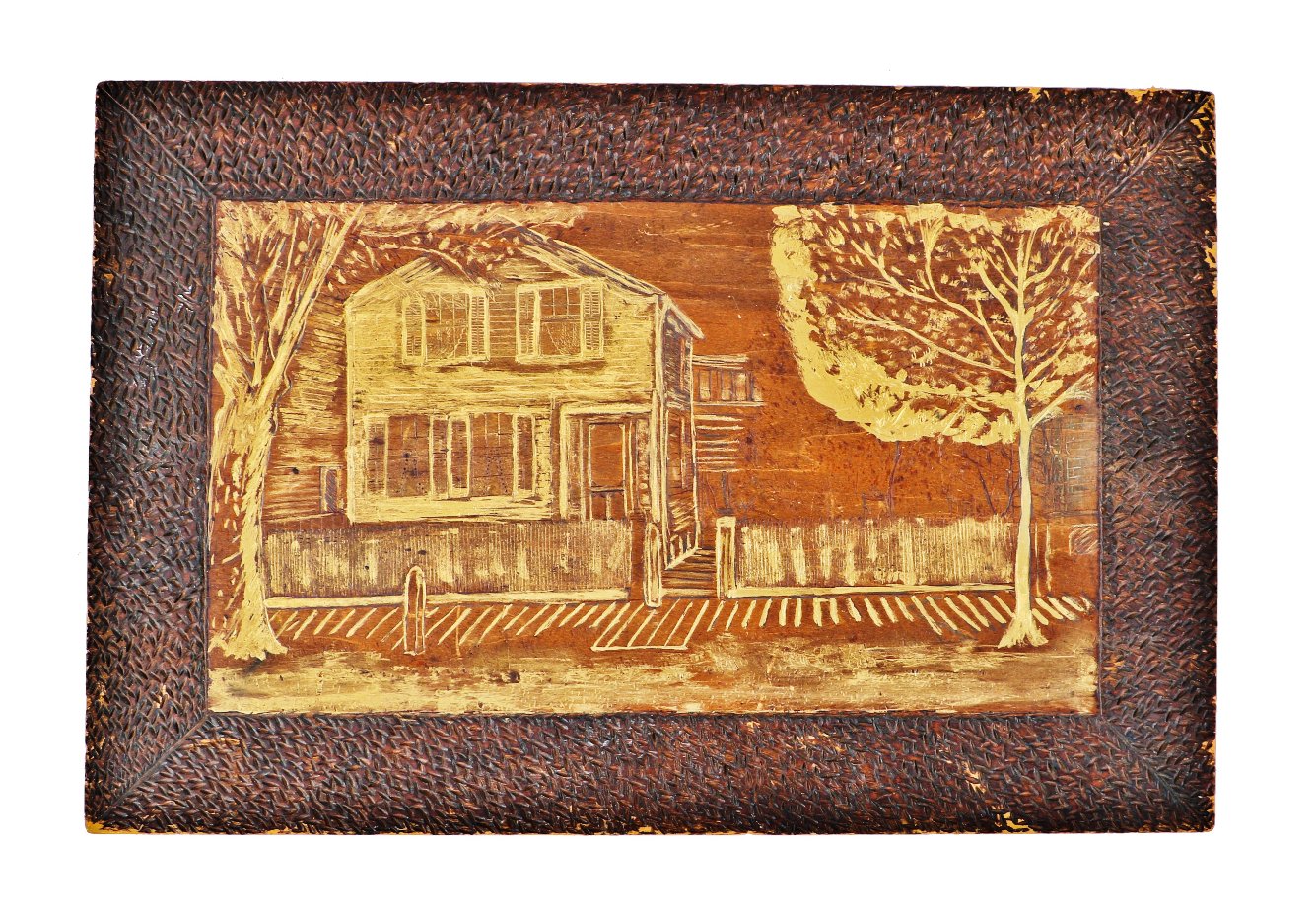 unusual c. 1930's american depression era milwaukee "burntwood" tramp art wood frame and greek revival style transchu house located at 116 doty street (now warren)
