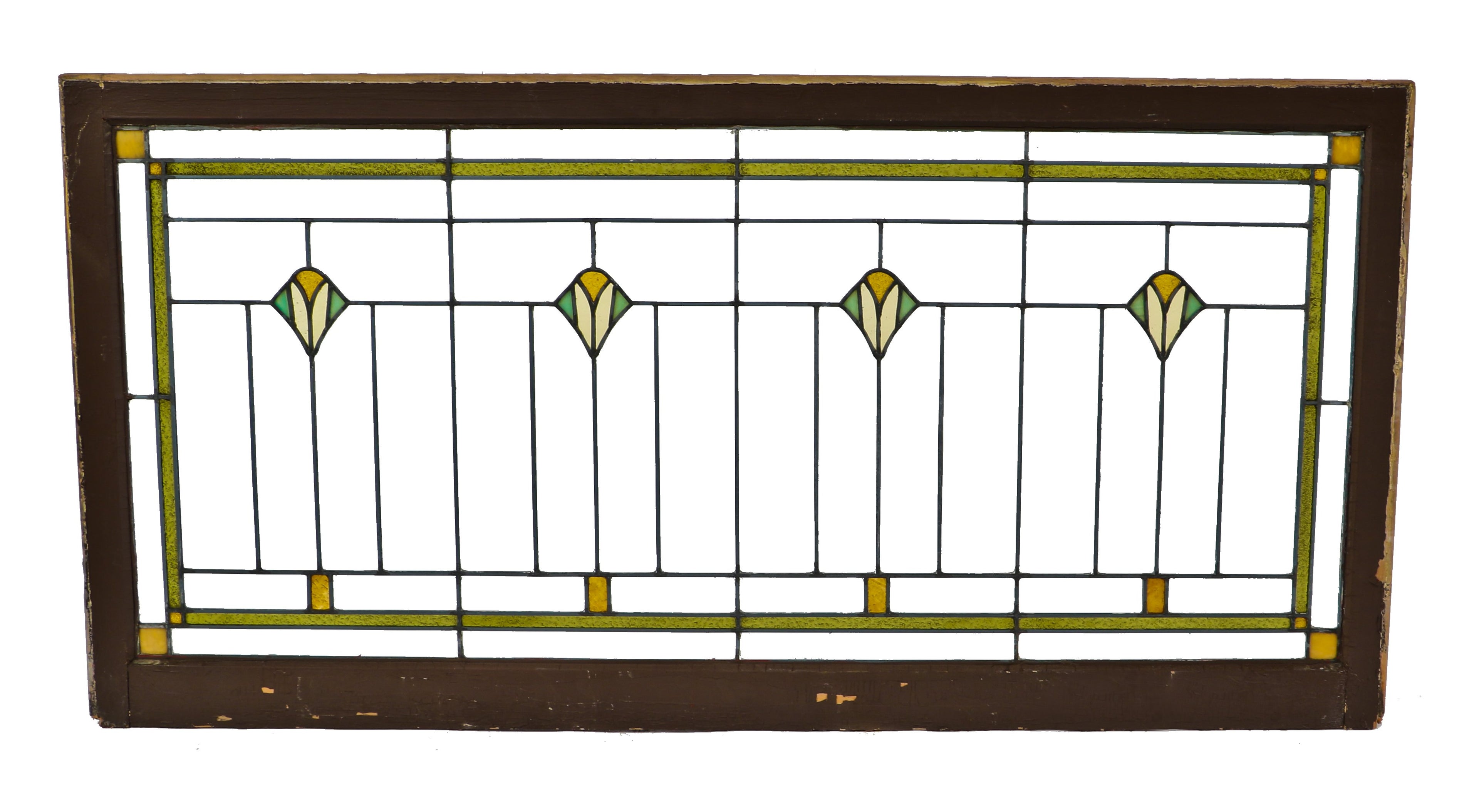 remarkable oversized c. 1920's craftsman or prairie style chicago bungalow oversized transom art glass window with a repeating floral design motif