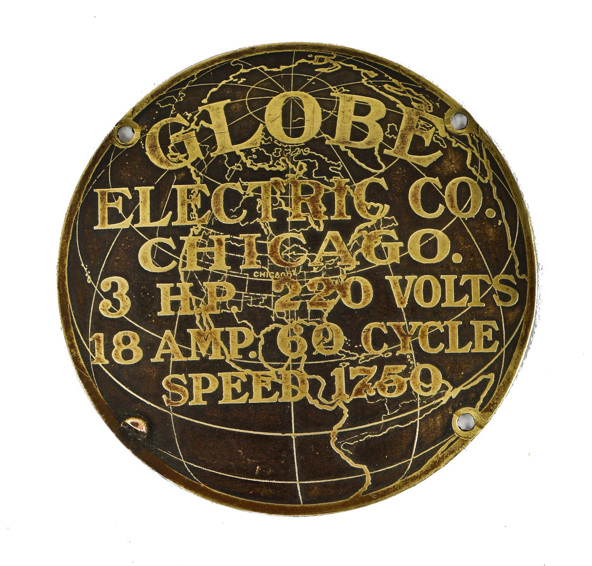 early 20th century diminutive stamped brass single-sided decorative ac motor globe electric plaque featuring the company's logo accentuated with black enameled inlay