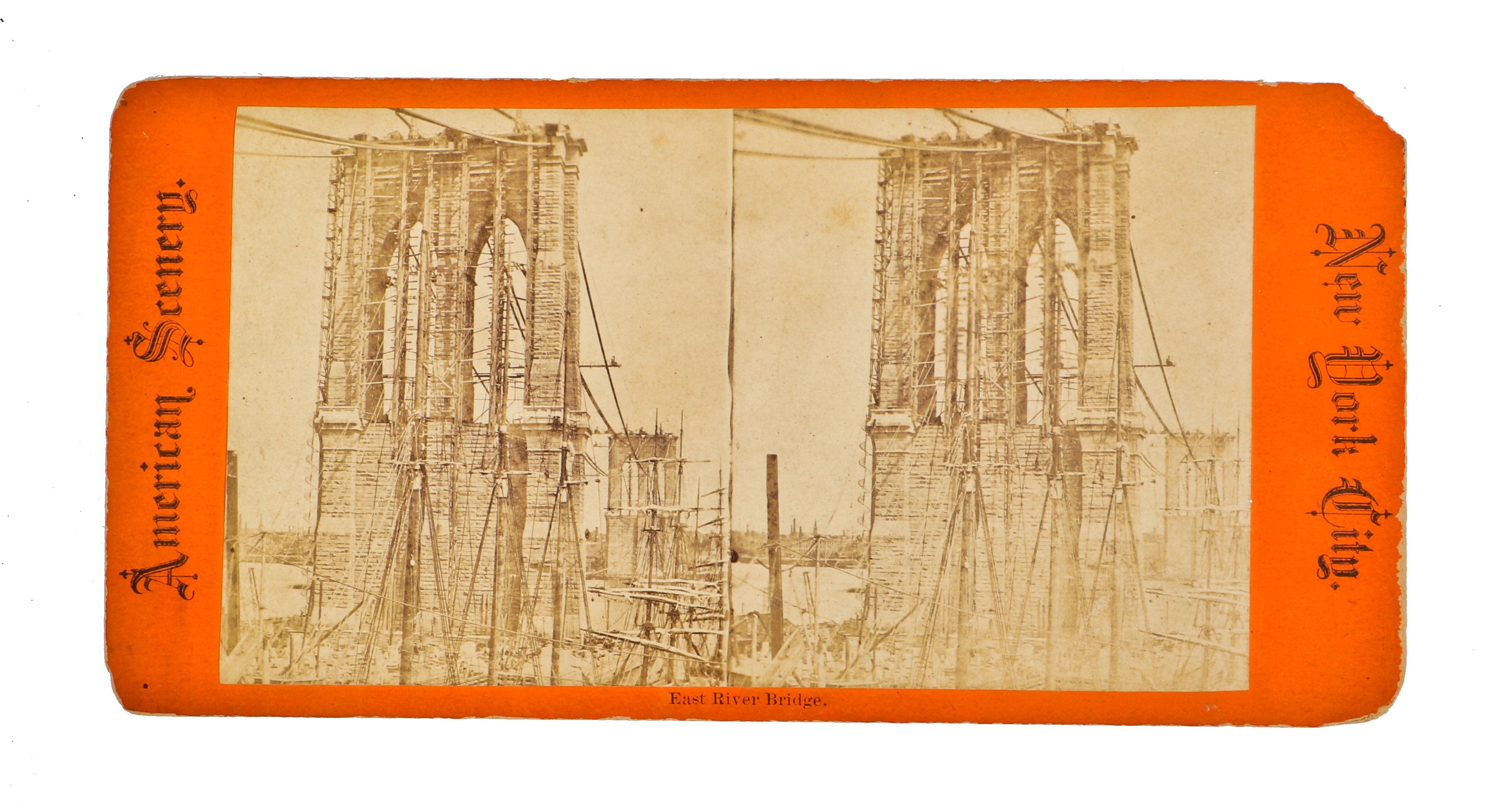 1870's antique american stereoview card depicting the construction of new york city's brooklyn bridge originally known as the east river bridge