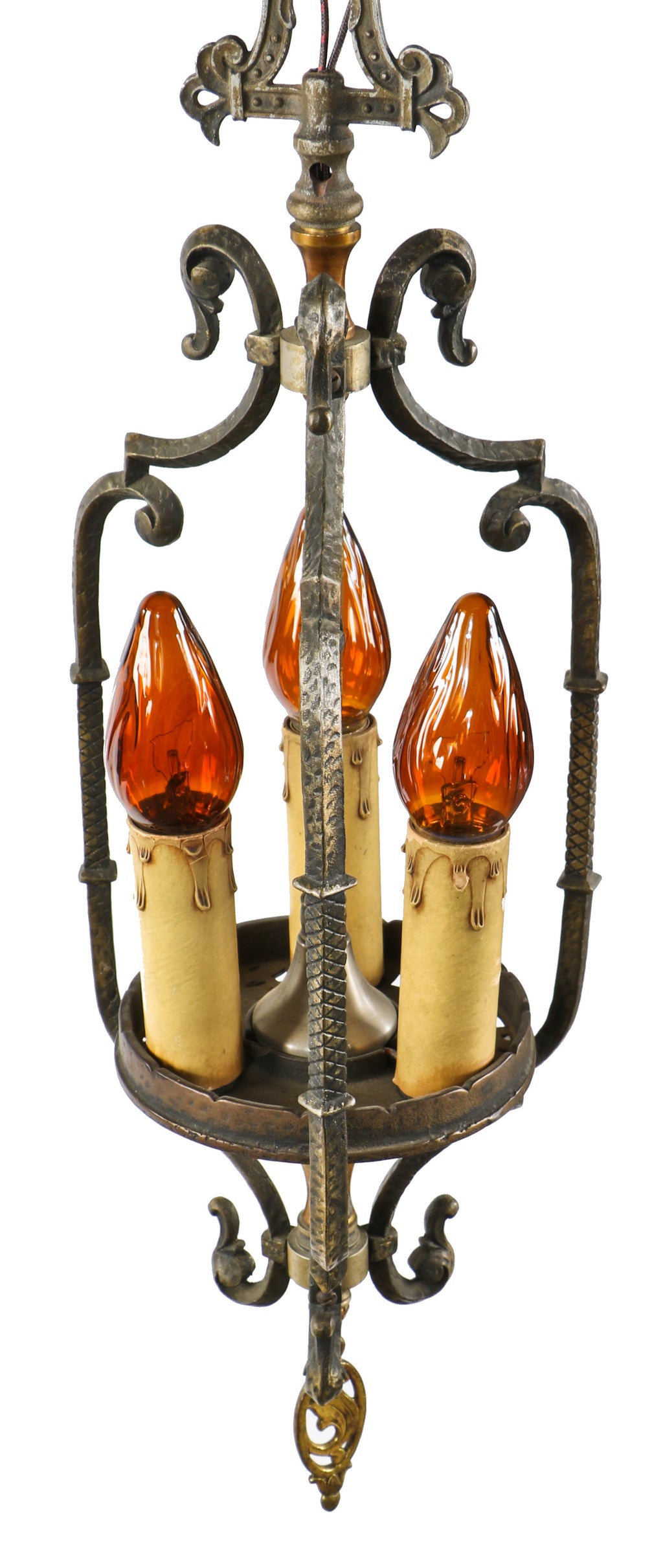 original completely refurbished c. 1930's spanish revival style interior residential chicago bungalow hanging pendant light with rewired "electric candles"