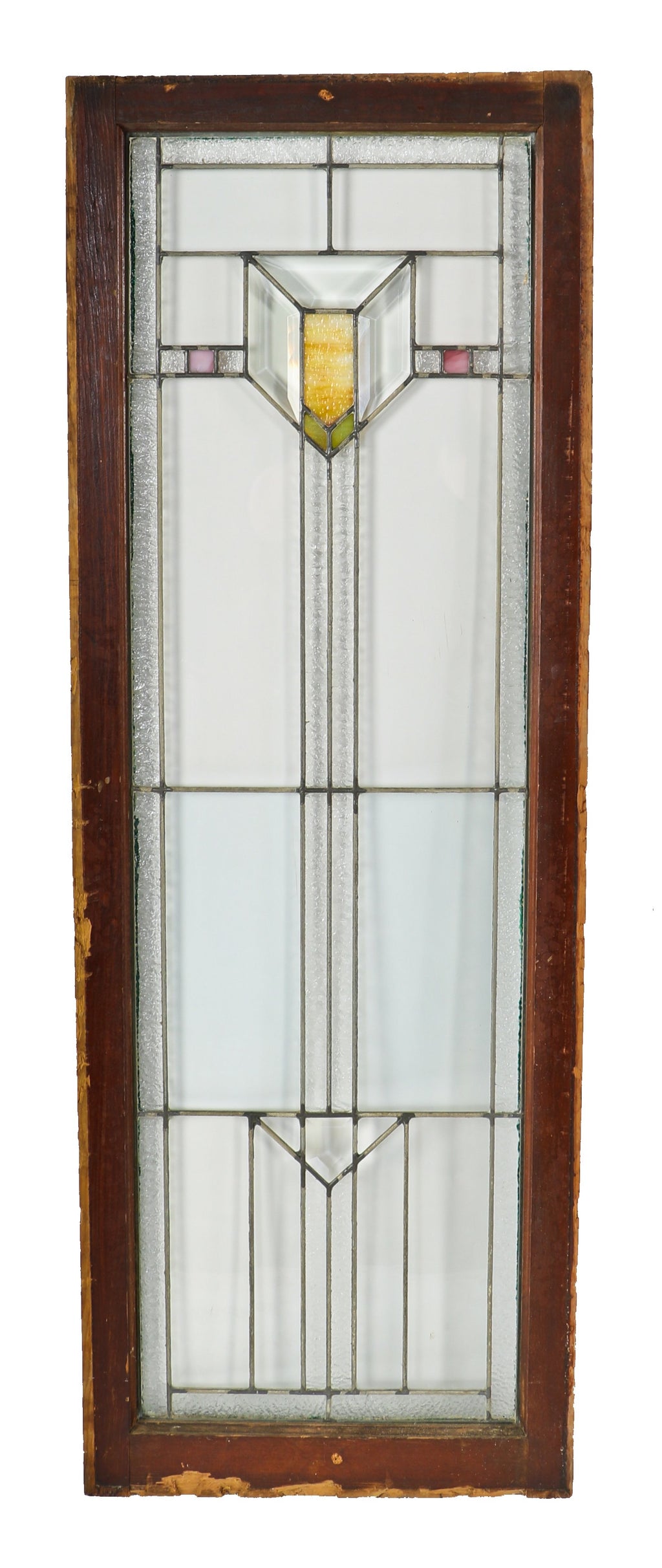 original and well-maintained c. 1920's american craftsman or prairie style chicago bungalow interior residential leaded art and beveled glass window with chevron design motif