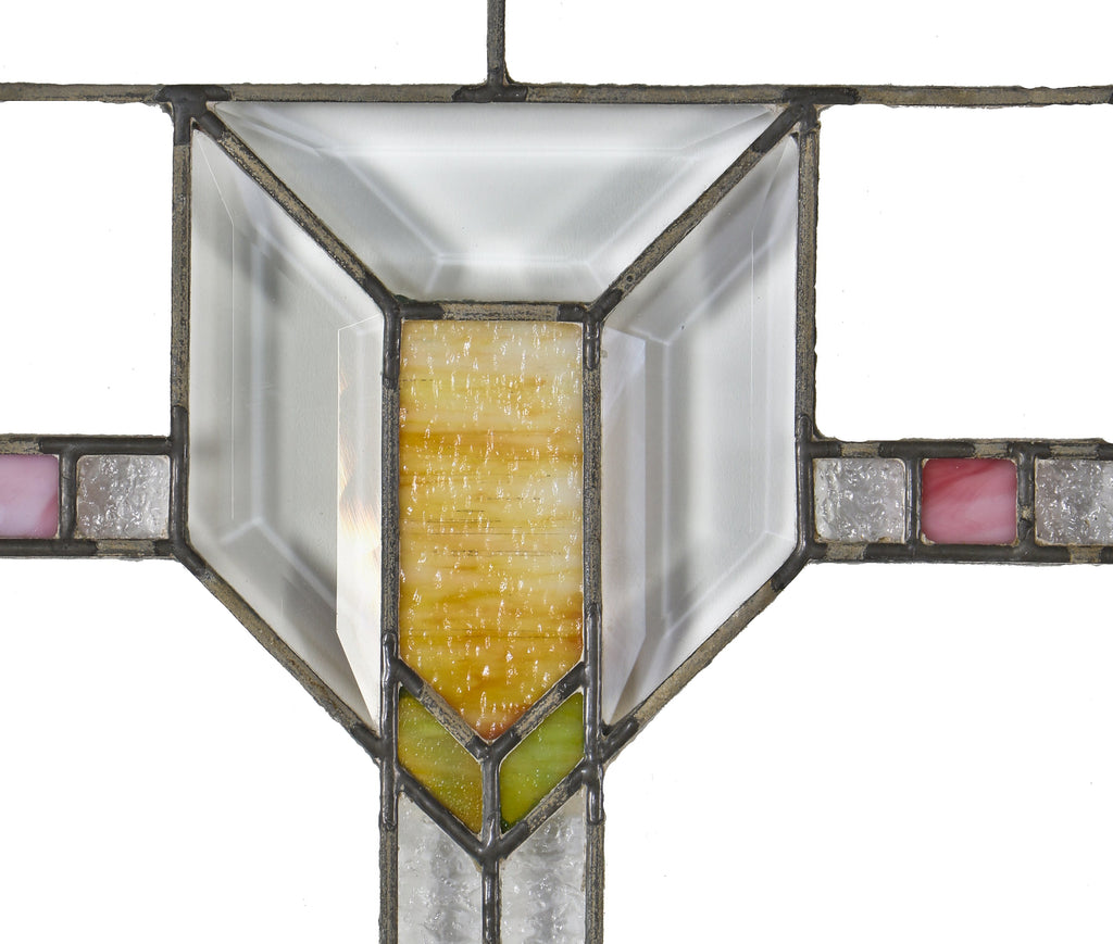 original and well-maintained c. 1920's american craftsman or prairie style chicago bungalow interior residential leaded art and beveled glass window with chevron design motif