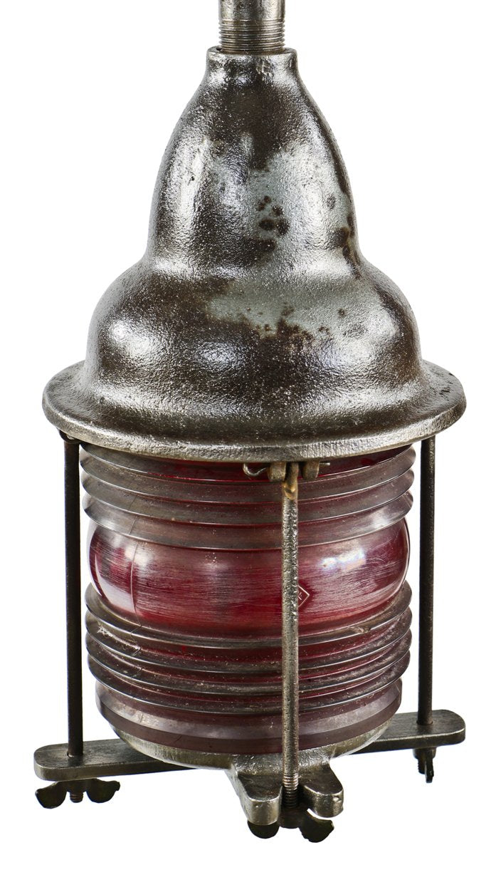 exceptionally hard to find and highly sought after early crouse-hinds antique american industrial ruby red fresnel lens city of chicago bridge warning or caution light with cast iron housing