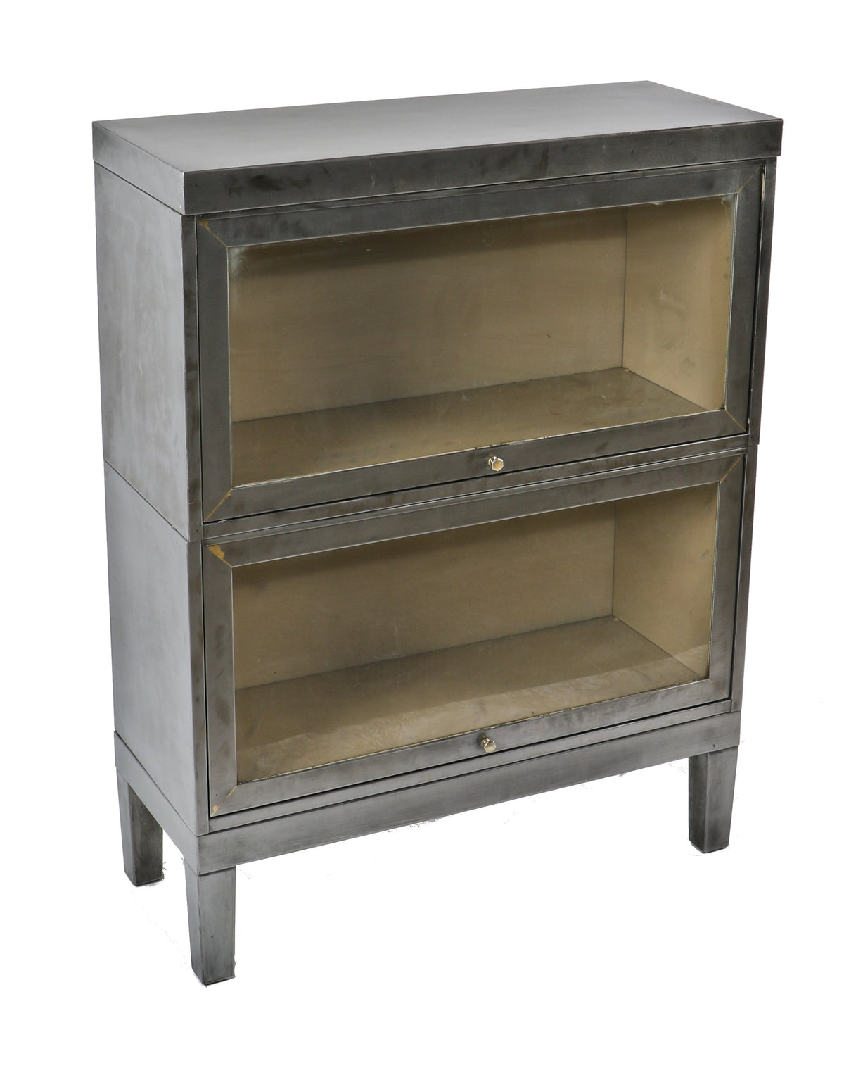 original c. 1940's american vintage industrial compact low-lying "allsteel" pressed and folded refinished steel freestanding barrister bookcase with sliding cabinet doors
