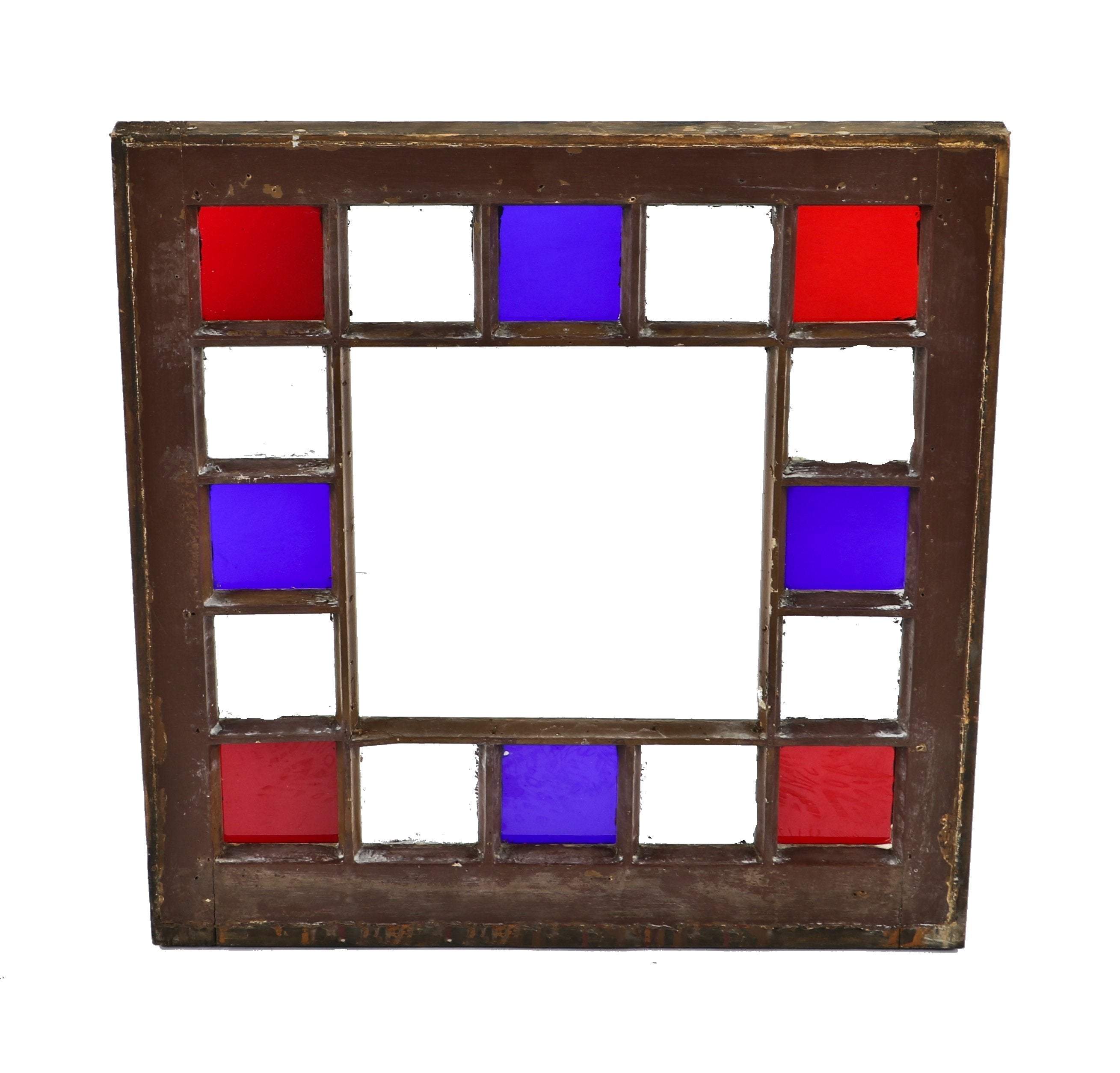 one of two 19th century antique american victorian era "queen anne" style ruby red and cobalt blue flash glass chicago saloon window with painted wood muntins