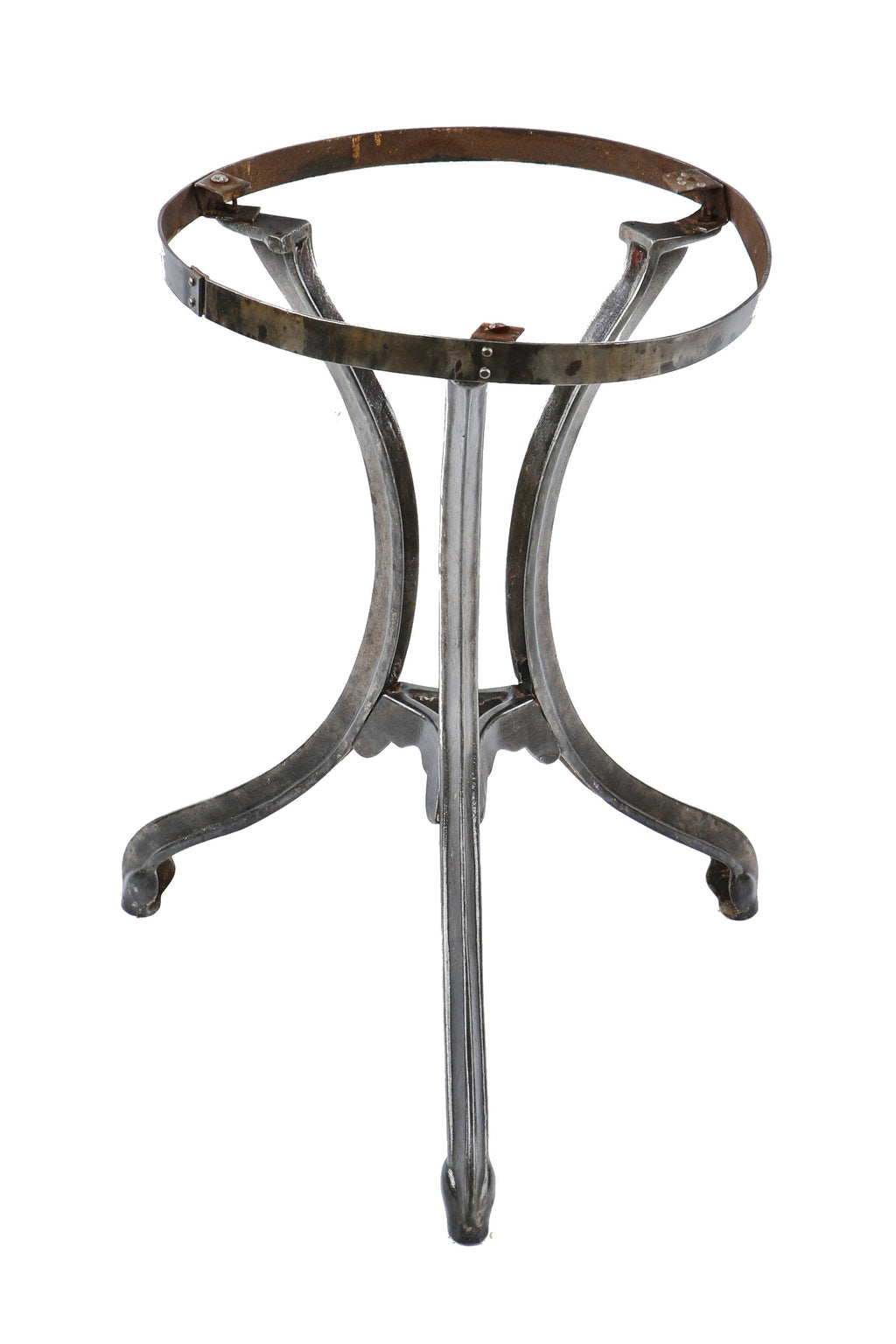 early 20th century antique american three-legged refinished brushed metal cast iron ice cream parlor or soda fountain table base with curvaceous legs