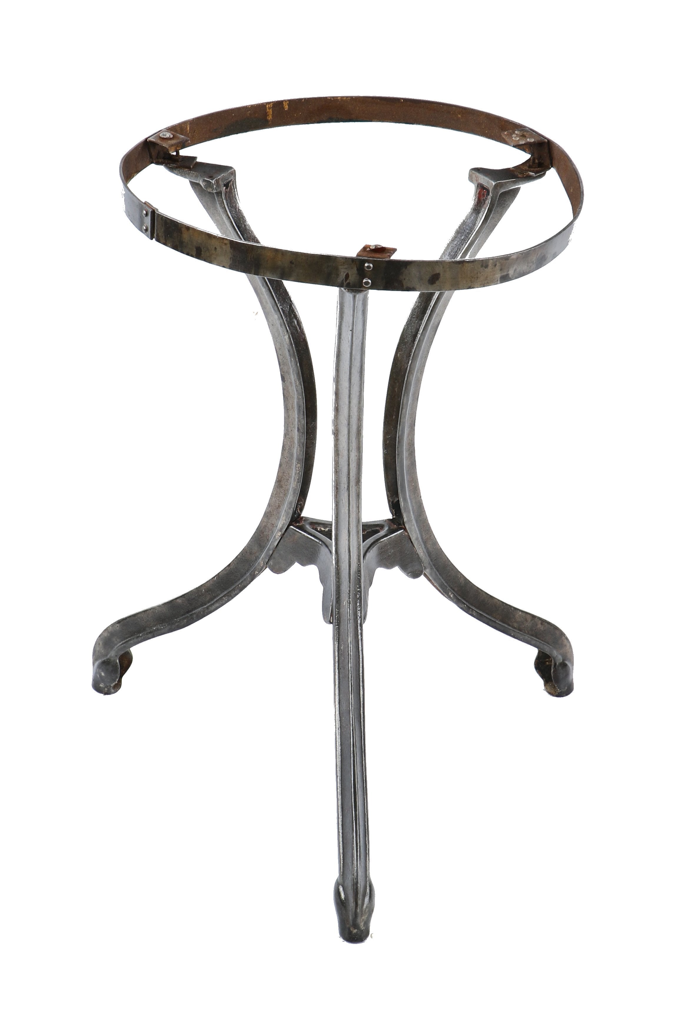 early 20th century antique american three-legged refinished brushed metal cast iron ice cream parlor or soda fountain table base with curvaceous legs