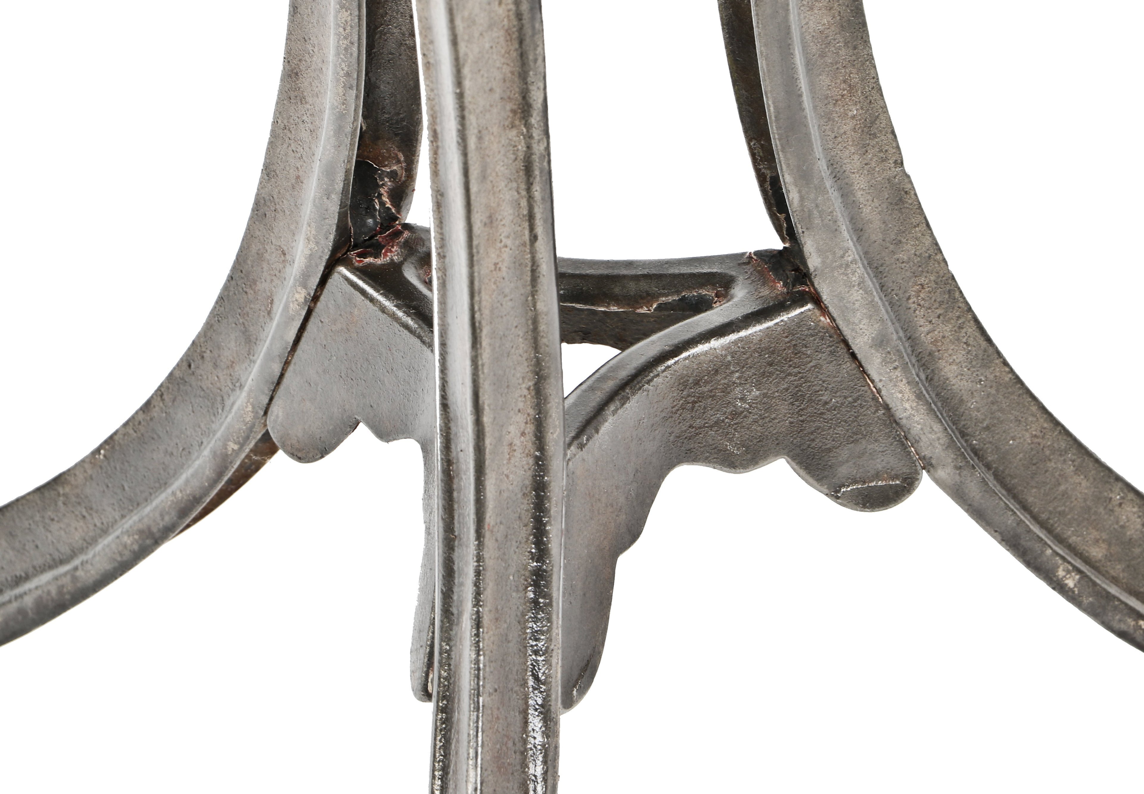 early 20th century antique american three-legged refinished brushed metal cast iron ice cream parlor or soda fountain table base with curvaceous legs