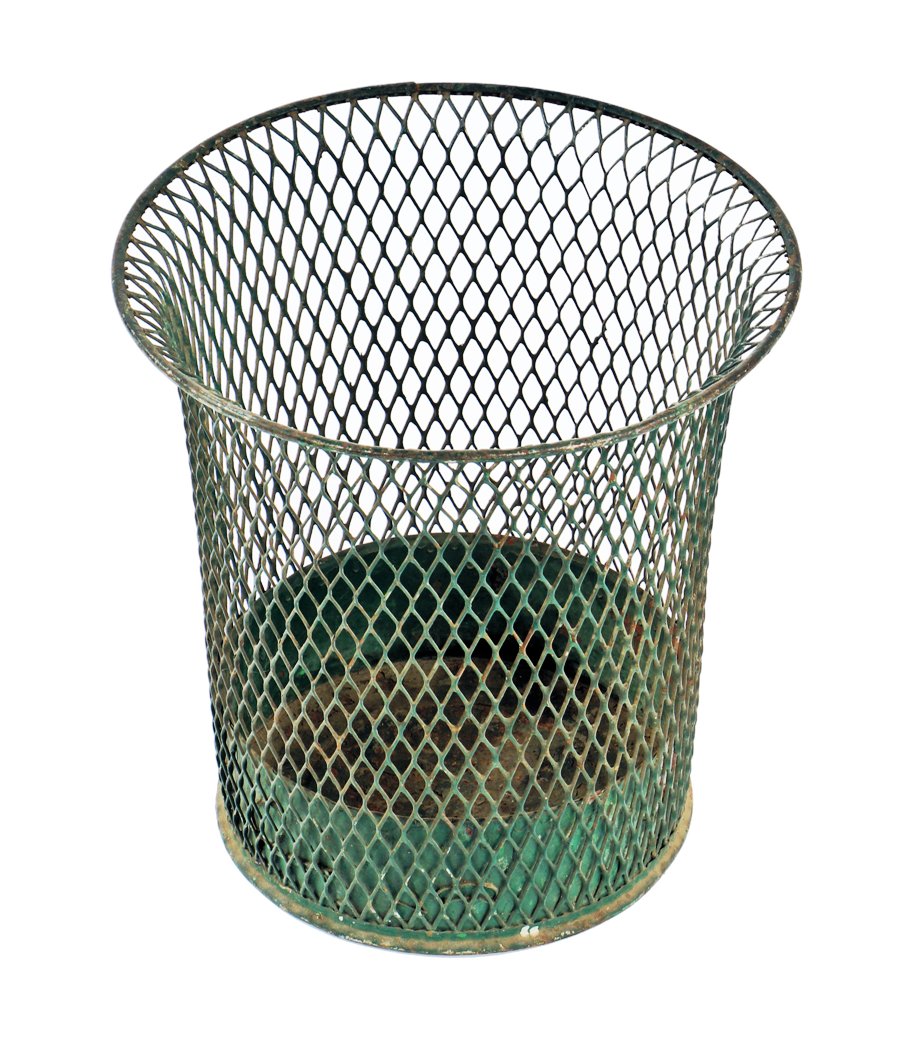original early 1930's american antique industrial cook county courts building office green painted "nemco" expanded or diamond steel mesh waste can with rolled rim