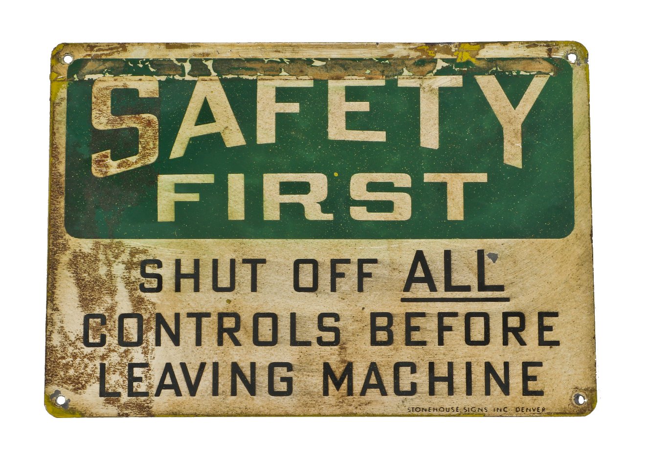 c. 1940's american vintage industrial single-sided safety first chicago foundry gantry crane operator cab "shut off all controls" stamped steel informational sign