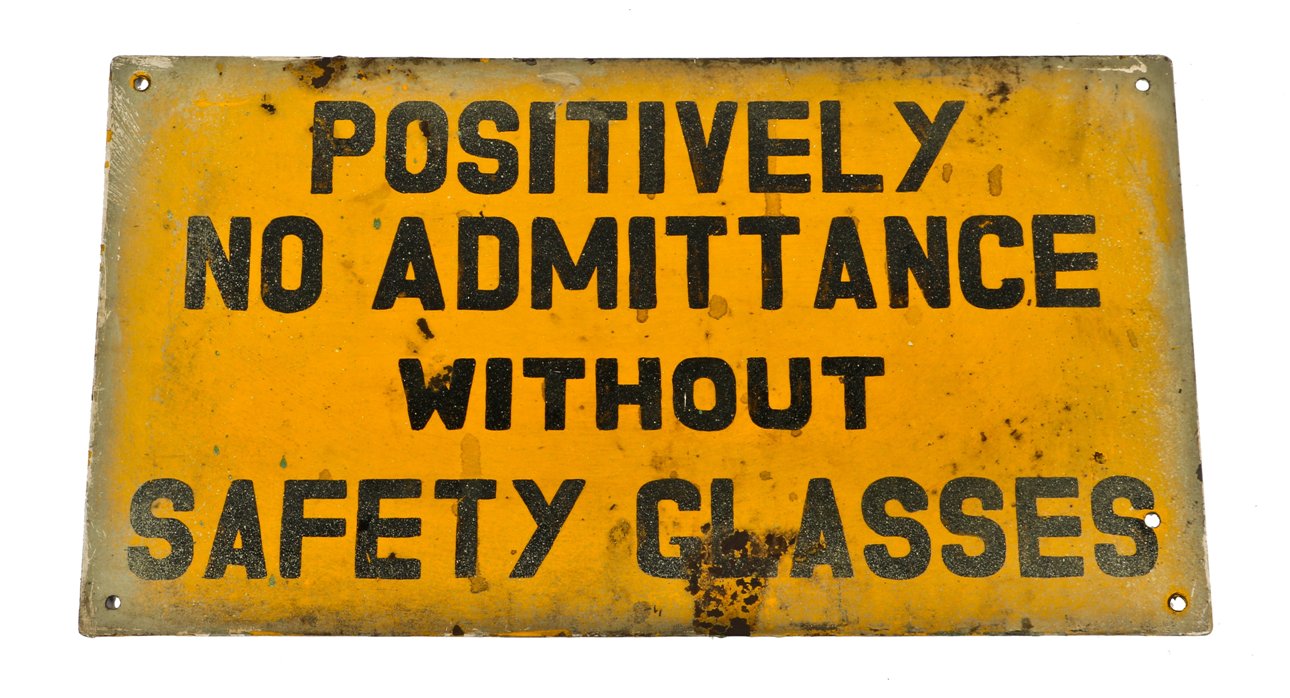 original hand-painted c. 1930's american industrial brightly colored heavy gauge steel finkl foundry machine shop "no admittance" caution or warning sign