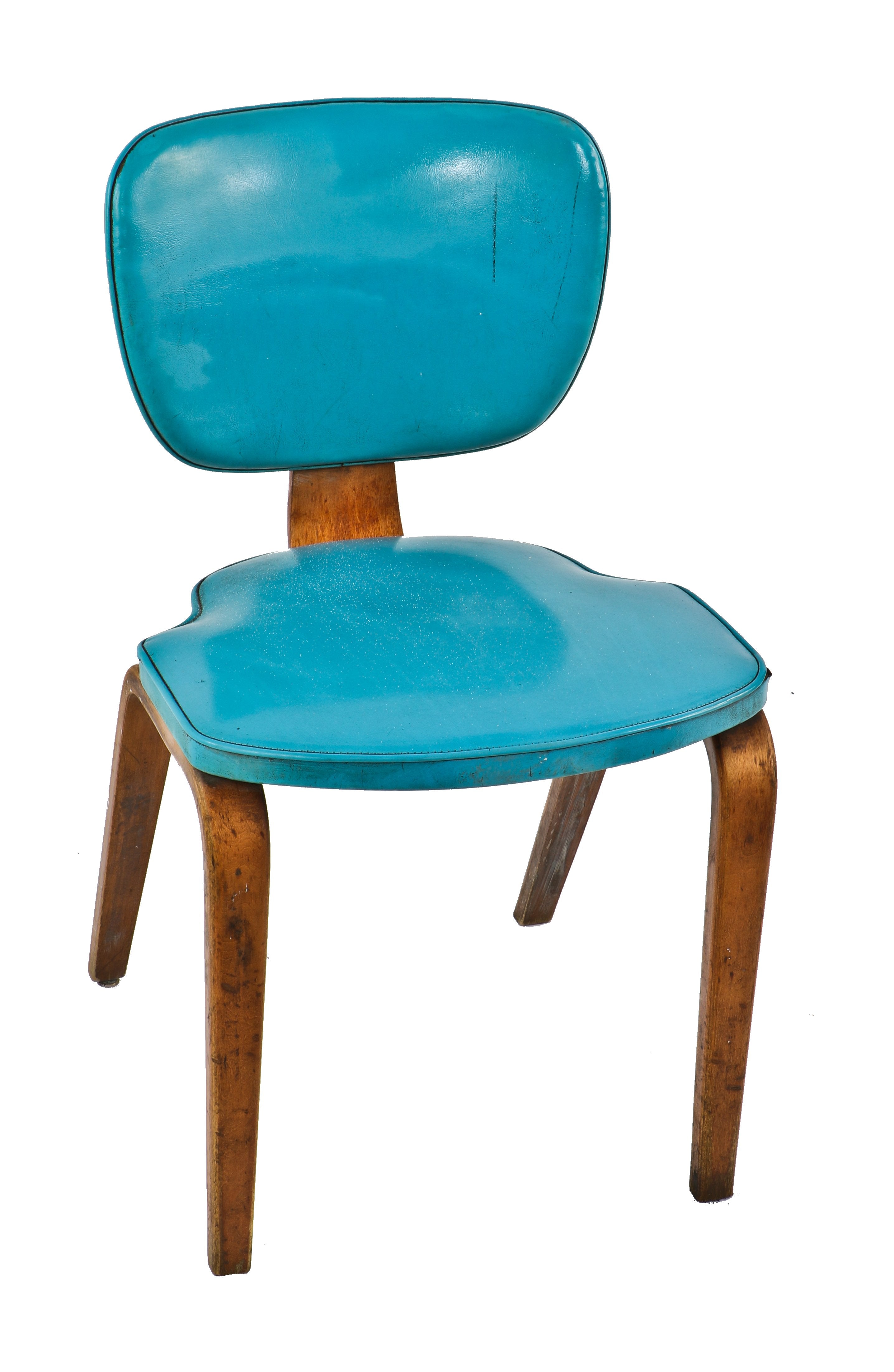 single c. 1950's american mid-century chicago foundry administration office building thonet bent wood side chair with original robin's egg blue padded seat and backrest