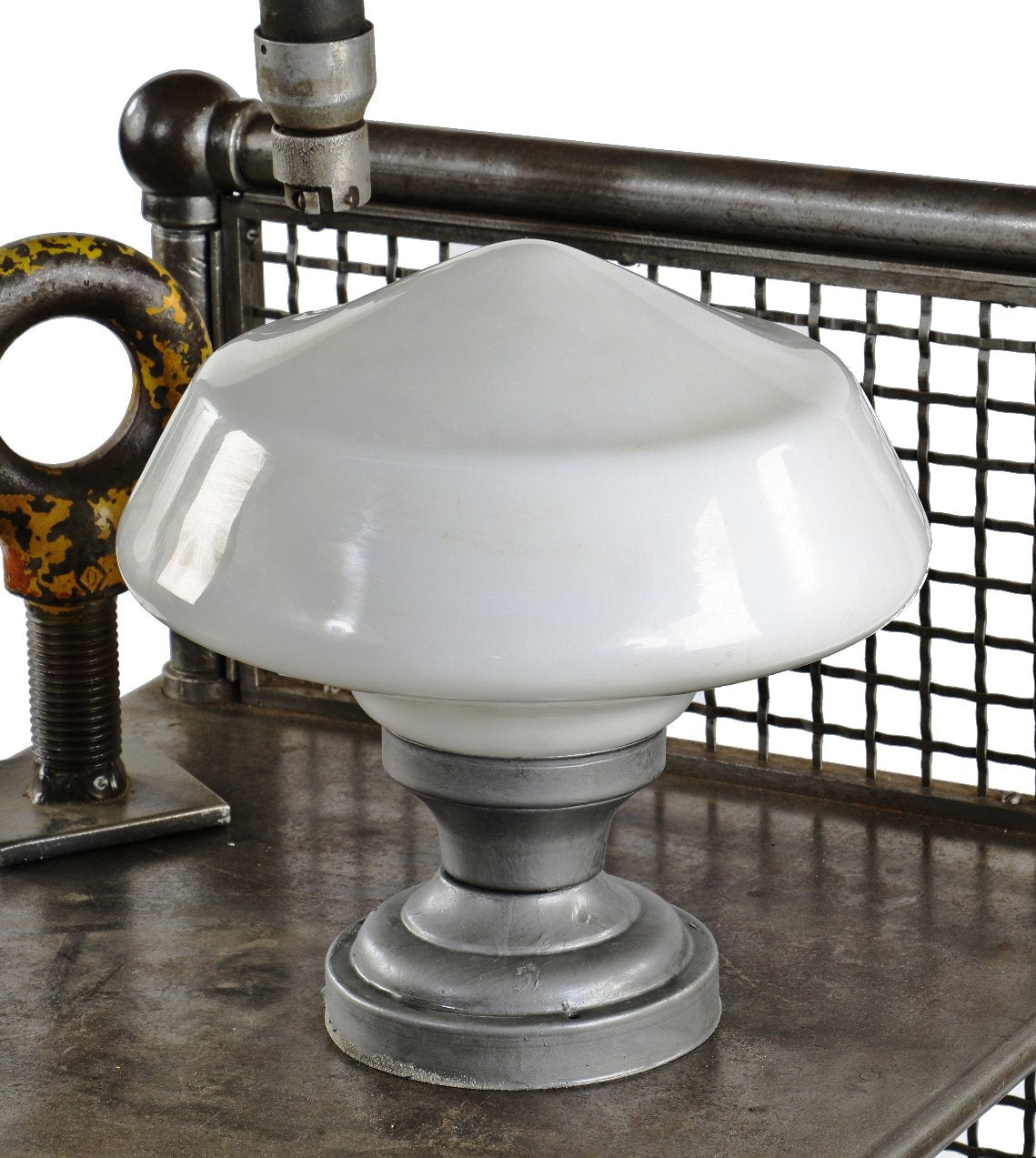 original and fully functional early 20th century antique american flush mount single electric finkl & sons office building pendant light with "school house" shade