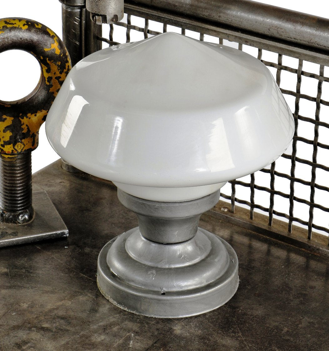 original and intact early 20th century flush mount "school house" style white opalescent glass a. finkl & sons foundry office pendant light with original steel fixture