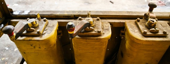 one of three original c. 1930's antique american a. finkl & sons gantry crane operator salvaged control switch comprised of cast iron with brushed metal finish