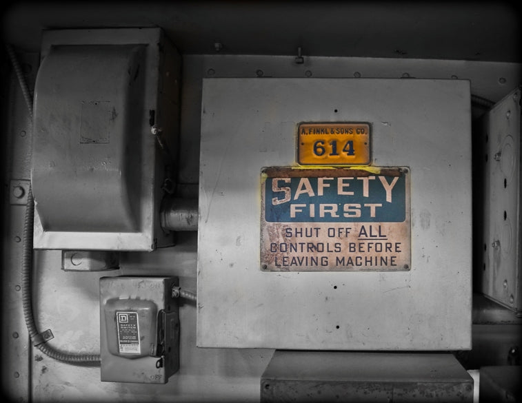 c. 1940's american vintage industrial single-sided safety first chicago foundry gantry crane operator cab "shut off all controls" stamped steel informational sign