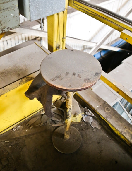 unique c. 1930's american industrial freestanding refinished finkl & sons gantry crane cab operator's stationary stool with circular-shaped wood seat and footrest