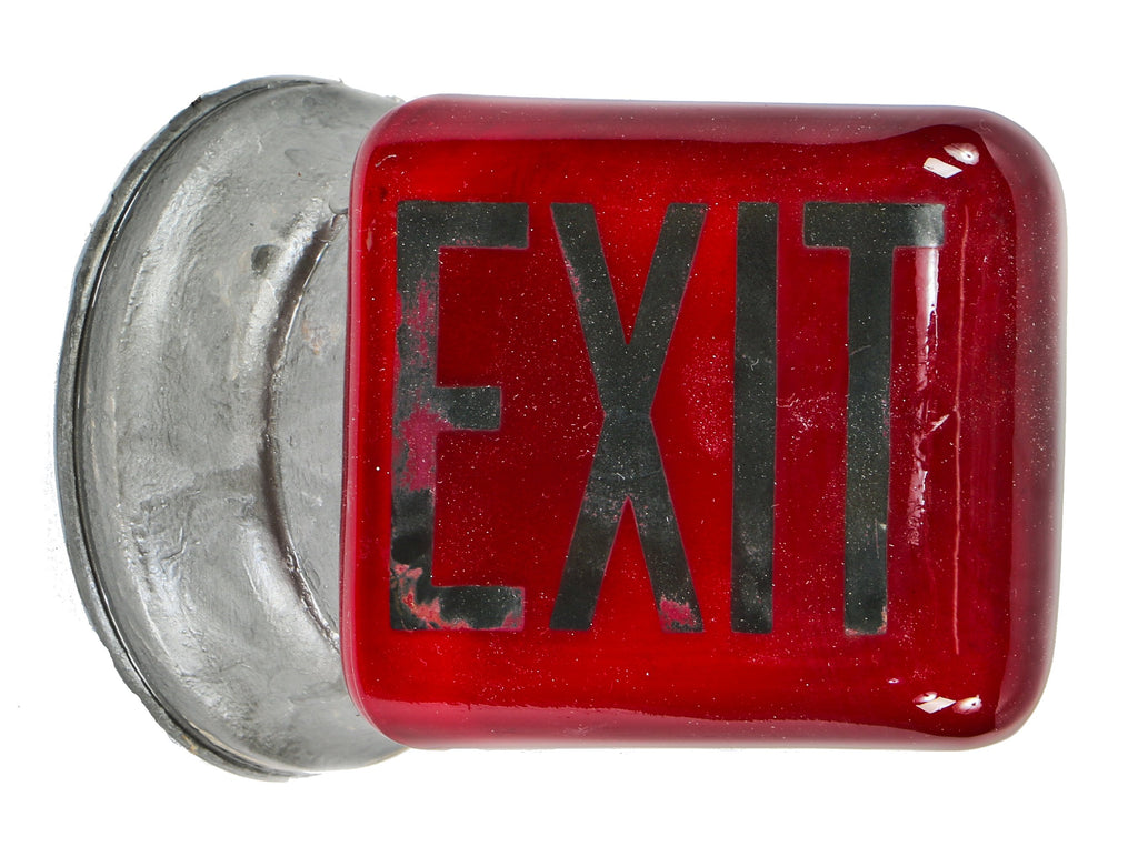 original c. 1930's american depression era ruby red glass double-sided wedge type illuminated exit light wall sconce with baked-on black enameled lettering